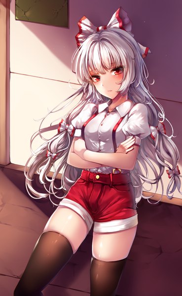 Anime picture 870x1412 with touhou fujiwara no mokou zerocat single long hair tall image looking at viewer fringe breasts red eyes standing white hair head tilt short sleeves leaning zettai ryouiki puffy sleeves crossed arms girl bow