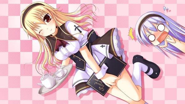 Anime picture 1280x720 with shukufuku no campanella long hair blonde hair red eyes wide image one eye closed wink chibi checkered background waitress o o girl uniform
