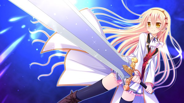 Anime picture 1280x720 with hyper highspeed genius hhg megami no shuuen long hair blush blonde hair smile wide image yellow eyes game cg girl thighhighs weapon black thighhighs sword boots suit