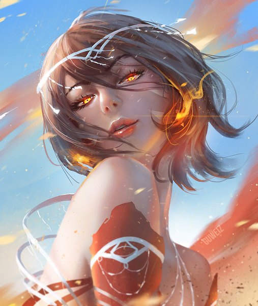 Anime picture 900x1066 with original guweiz single tall image looking at viewer fringe short hair hair between eyes brown hair bare shoulders signed sky cloud (clouds) upper body parted lips wind lips realistic teeth from below