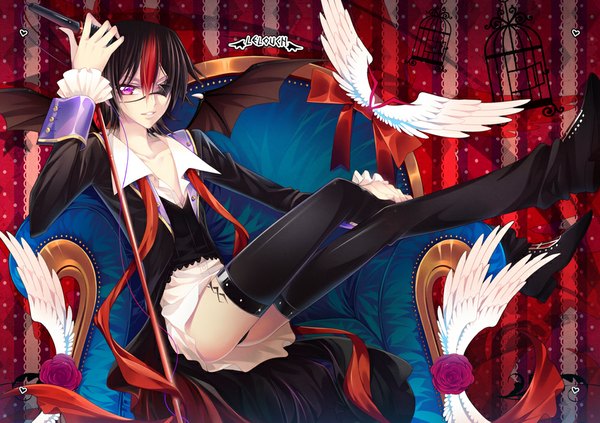 Anime picture 1000x705 with code geass sunrise (studio) lelouch lamperouge giobobobo short hair light erotic black hair sitting purple eyes red hair multicolored hair inscription open clothes two-tone hair open shirt streaked hair angel wings bat wings boy flower (flowers)