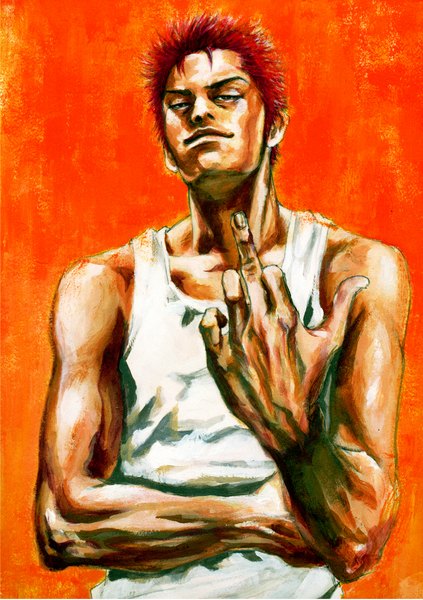 Anime picture 1584x2248 with slam dunk (series) sakuragi hanamichi orui04 (artist) single tall image short hair simple background bare shoulders red hair sleeveless orange background middle finger boy