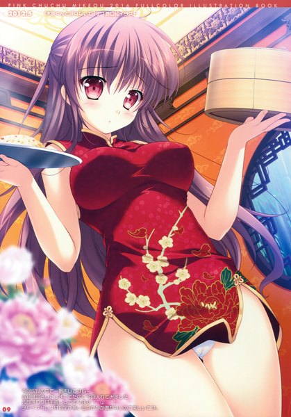 Anime picture 2378x3406 with mikeou single long hair tall image blush highres breasts light erotic red eyes looking away purple hair traditional clothes scan pantyshot chinese clothes girl underwear panties flower (flowers) chinese dress