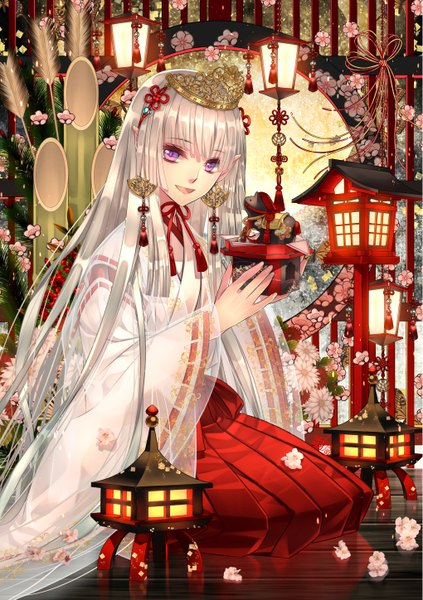 Anime picture 1020x1447 with original shijuu hachi single long hair tall image looking at viewer smile purple eyes silver hair traditional clothes japanese clothes pointy ears reflection miko girl flower (flowers) earrings jewelry crown lantern