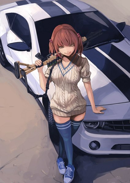 Anime picture 782x1106 with original chevrolet koh (minagi kou) single tall image looking at viewer short hair smile brown hair brown eyes girl thighhighs weapon shoes gun sweater ground vehicle sneakers car