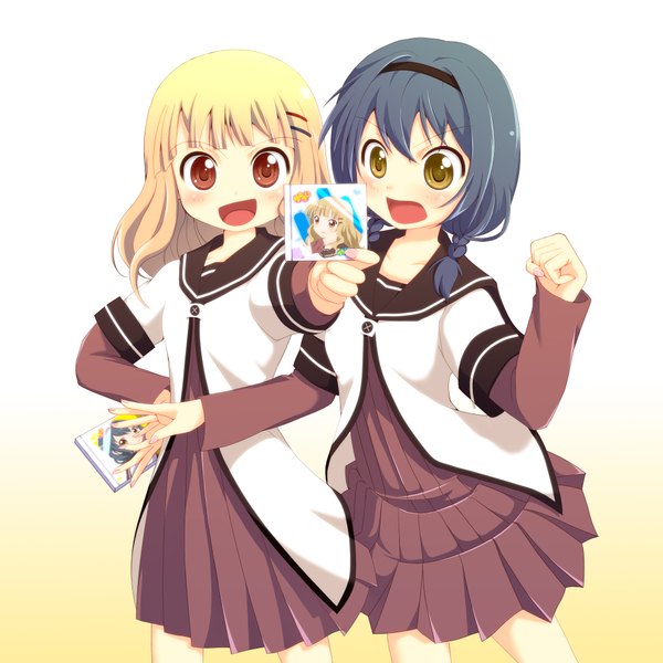 Anime picture 2000x2000 with yuru yuri doga kobo oomuro sakurako furutani himawari yamachu (artist) blush highres short hair open mouth black hair blonde hair red eyes multiple girls yellow eyes girl uniform 2 girls school uniform hairband photo (object)