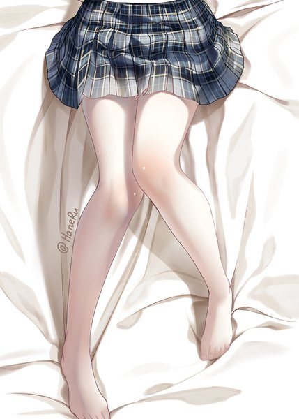 Anime picture 1200x1679 with original haneru single tall image signed bent knee (knees) pleated skirt shadow no shoes legs twitter username plaid skirt close-up head out of frame girl skirt pantyhose white pantyhose