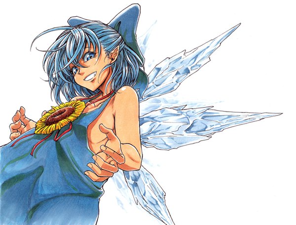 Anime picture 1418x1080 with touhou hidden star in four seasons cirno tanned cirno koyubi (littlefinger1988) single looking at viewer fringe short hair blue eyes light erotic simple background smile hair between eyes white background blue hair pointy ears no bra from below grin