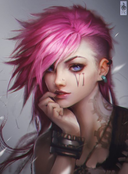 Anime picture 900x1216 with league of legends vi (league of legends) paul (shiramune) single long hair tall image looking at viewer blue eyes pink hair realistic tattoo piercing finger to mouth ear piercing face paint nose piercing undercut girl earrings bracelet