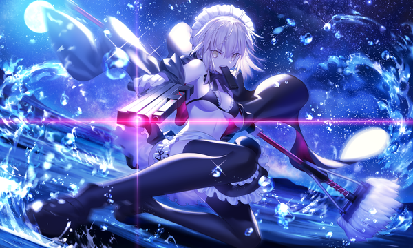 Anime picture 2500x1500 with fate (series) fate/grand order artoria pendragon (all) artoria pendragon (alter swimsuit rider) (fate) mashima saki (mashimasa) single looking at viewer fringe highres short hair breasts light erotic blonde hair hair between eyes wide image holding yellow eyes payot cleavage full body
