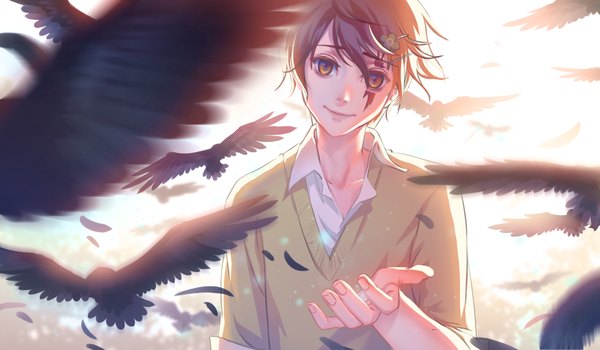 Anime picture 1240x724 with pupa studio deen hasegawa utsutsu shou shizuku (deme) single looking at viewer short hair smile brown hair wide image brown eyes sunlight outstretched arm open collar boy hair ornament animal hairclip bird (birds) blood