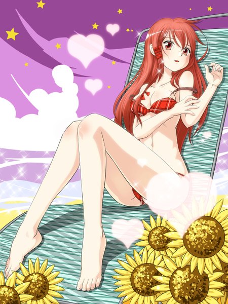 Anime picture 1200x1600 with original r.p.s single long hair tall image breasts open mouth light erotic red eyes cloud (clouds) red hair barefoot legs girl swimsuit bikini sunflower