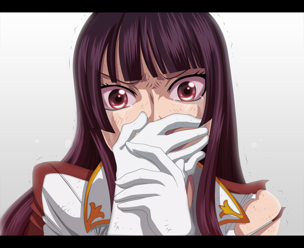 Anime picture 1224x1000 with fairy tail mikazuchi kagura aveacvale single long hair black hair white background brown eyes tears coloring torn clothes portrait letterboxed crying girl gloves