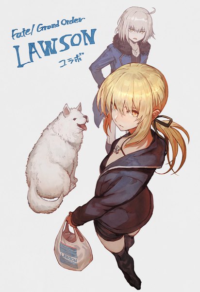 Anime picture 825x1200 with fate (series) fate/grand order lawson artoria pendragon (all) jeanne d'arc (fate) (all) jeanne d'arc alter (fate) saber alter cavall the 2nd lack long hair tall image fringe short hair simple background blonde hair hair between eyes multiple girls yellow eyes payot silver hair