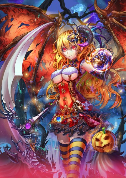 Anime picture 857x1200 with original tako seijin (takos000) single long hair tall image breasts light erotic blonde hair smile red eyes horn (horns) halloween demon wings girl thighhighs weapon wings frills chain striped thighhighs