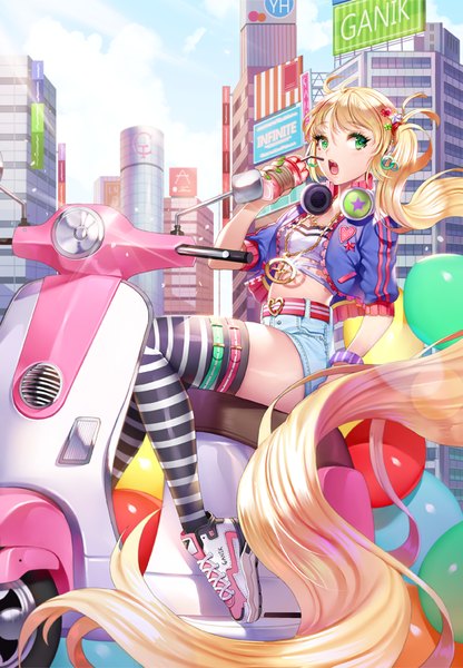 Anime picture 600x864 with original ruhee single tall image blonde hair green eyes looking away very long hair open clothes open jacket side ponytail headphones around neck girl thighhighs jacket headphones striped thighhighs scooter