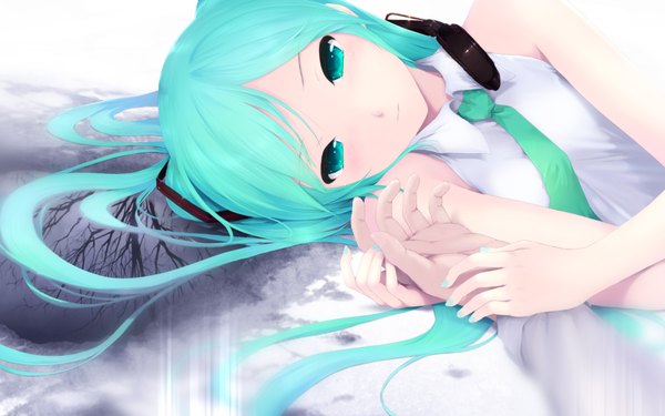 Anime picture 1920x1200 with vocaloid hatsune miku cait single long hair highres wide image green eyes nail polish green hair girl necktie headphones