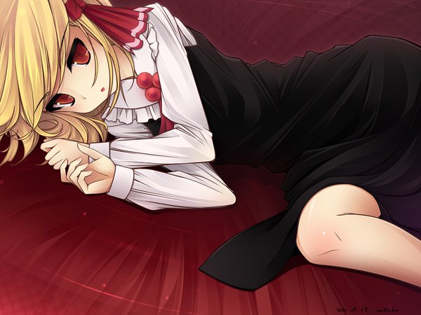 Anime picture 1200x900 with touhou rumia short hair blonde hair red eyes lying girl