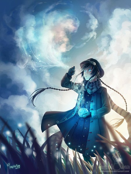 Anime picture 750x1000 with original ingridtan single long hair tall image signed sky cloud (clouds) braid (braids) aqua eyes inscription twin braids magic glowing glowing eye (eyes) girl gloves plant (plants) hat scarf