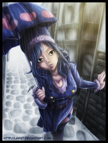Anime picture 831x1100 with fairy tail juvia lockser law67 single long hair tall image blue hair black eyes wet tattoo coloring rain wet clothes framed street girl hat fur umbrella