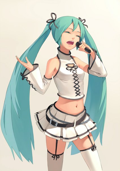 Anime picture 1000x1414 with vocaloid hatsune miku fkey single long hair tall image open mouth simple background standing twintails bare shoulders holding eyes closed nail polish pleated skirt aqua hair lacing singing girl thighhighs