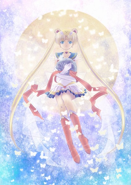 Anime picture 1240x1754 with bishoujo senshi sailor moon toei animation tsukino usagi lazy orange single long hair tall image blue eyes blonde hair twintails very long hair hair bun (hair buns) girl gloves hair ornament ribbon (ribbons) earrings choker elbow gloves insect