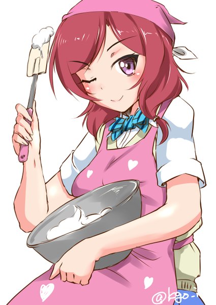Anime picture 1000x1412 with love live! school idol project sunrise (studio) love live! nishikino maki kgo single long hair tall image looking at viewer blush fringe simple background smile white background purple eyes red hair one eye closed wink girl apron