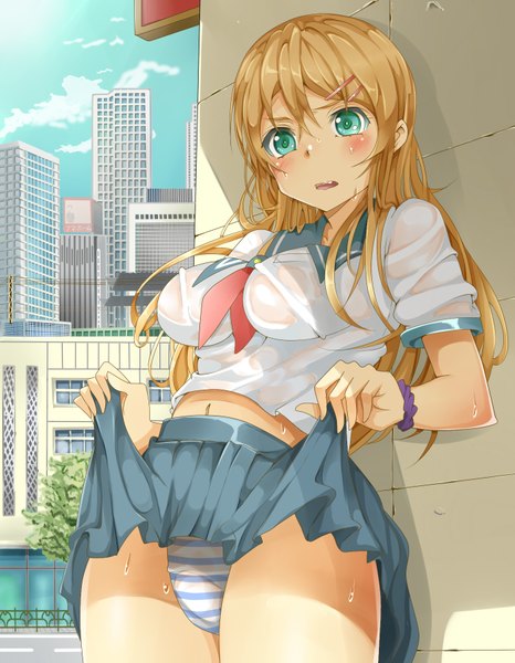 Anime picture 1400x1800 with ore no imouto ga konna ni kawaii wake ga nai kousaka kirino kukkumann single long hair tall image looking at viewer open mouth light erotic green eyes orange hair wet city skirt lift wet clothes girl skirt hair ornament underwear panties