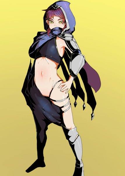 Anime picture 824x1152 with league of legends talon (league of legends) cacaco (artist) single tall image fringe short hair light erotic simple background standing green eyes purple hair bare belly groin eyebrows yellow background genderswap girl navel hood