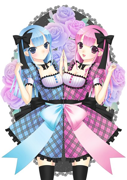 Anime picture 744x1052 with original takaaya kazuka long hair tall image looking at viewer open mouth blue eyes purple eyes multiple girls blue hair pink hair girl thighhighs dress flower (flowers) bow black thighhighs 2 girls hair bow