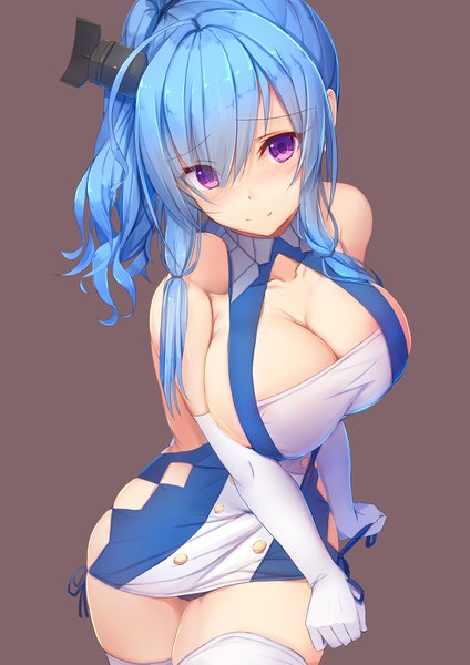 Anime picture 1500x2121 with azur lane st. louis (azur lane) if (asita) single long hair tall image looking at viewer blush fringe breasts light erotic simple background standing purple eyes twintails bare shoulders blue hair cleavage light smile hair over one eye