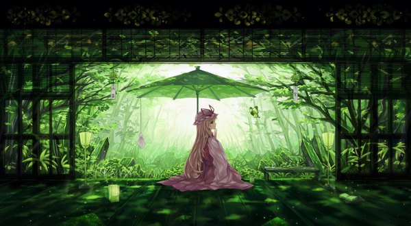 Anime picture 2994x1647 with touhou yakumo yukari dead line single long hair highres blonde hair red eyes wide image sitting looking away long sleeves profile light smile from behind scenic revision nature girl ribbon (ribbons)