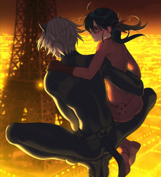 Anime picture 2300x2519 with miraculous ladybug marinette cheng adrien agreste ladybug (character) chat noir revolmxd long hair tall image blush fringe highres short hair black hair blonde hair hair between eyes sitting twintails holding animal ears looking away