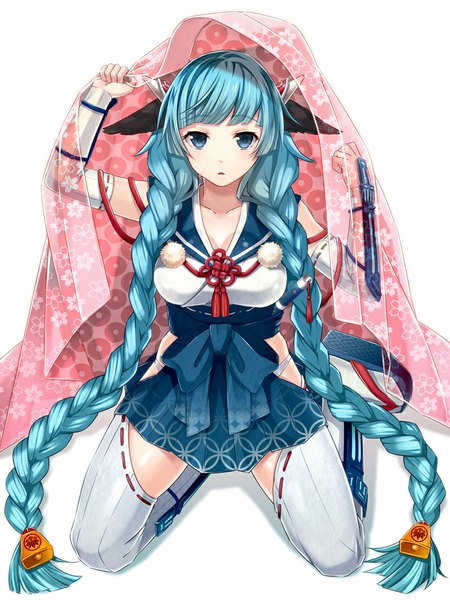 Anime picture 720x960 with original shiobana single tall image fringe breasts blue eyes light erotic white background sitting animal ears blue hair cleavage ahoge braid (braids) very long hair traditional clothes japanese clothes horn (horns) twin braids