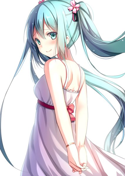 Anime picture 1062x1500 with vocaloid hatsune miku alexmaster single long hair tall image looking at viewer blush simple background smile white background twintails looking back hair flower aqua eyes aqua hair turning head hands behind back girl dress