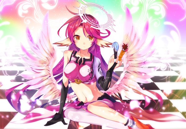 Anime picture 1500x1047 with no game no life madhouse shiro (no game no life) jibril (no game no life) sora (no game no life) 2mota single long hair blush sitting animal ears pink hair ahoge bare belly midriff orange eyes symbol-shaped pupils checkered floor low wings girl