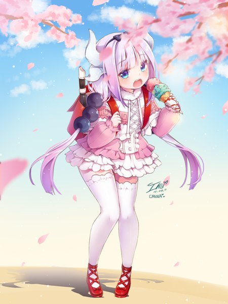 Anime picture 1260x1680 with kobayashi-san chi no maidragon kyoto animation kanna kamui ika (4801055) single long hair tall image looking at viewer blush open mouth blue eyes twintails signed silver hair purple hair full body multicolored hair horn (horns) loli zettai ryouiki