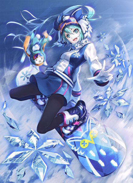 Anime picture 879x1200 with vocaloid hatsune miku yuki miku rabbit yukine yuki miku (2016) ajigo single long hair tall image looking at viewer fringe breasts open mouth blue eyes smile hair between eyes twintails blue hair sky full body