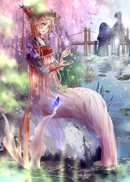 Anime picture 1200x1679 with naruto studio pierrot naruto (series) haruno sakura uchiha itachi lan.c tall image looking at viewer blush green eyes pink hair long sleeves very long hair nail polish traditional clothes japanese clothes hair flower pointy ears short sleeves hair bun (hair buns)