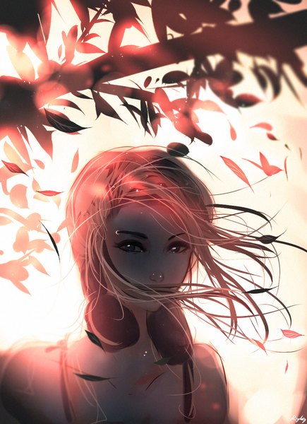 Anime picture 883x1216 with original ryky single long hair tall image looking at viewer blue eyes bare shoulders signed pink hair upper body outdoors wind sunlight lens flare eyebrows covered mouth girl headphones leaf (leaves)