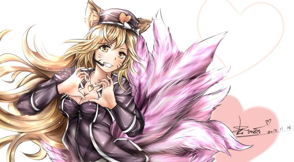 Anime picture 1506x834 with league of legends ahri (league of legends) popstar ahri (league of legends) ko-wei single long hair simple background smile brown hair wide image white background brown eyes animal ears tail facial mark multiple tails whisker markings girl choker headdress