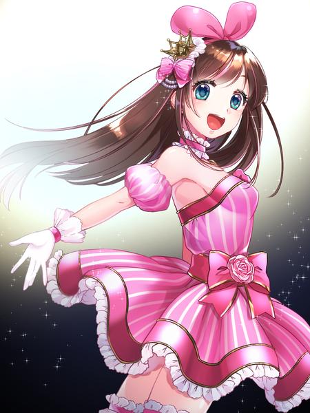 Anime picture 1200x1600 with virtual youtuber a.i. channel kizuna ai hitsuji kumo single long hair tall image blush fringe breasts open mouth blue eyes simple background smile brown hair standing payot :d wind armpit (armpits)