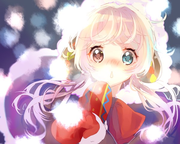 Anime picture 1250x1000 with original tyanotya single long hair looking at viewer fringe open mouth blue eyes blonde hair red eyes twintails horn (horns) heterochromia exhalation girl fur hood cape mittens