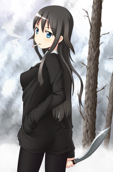 Anime picture 1125x1700 with strike witches elizabeth f beurling mohya (artist) single long hair tall image blue eyes black hair smoking girl weapon plant (plants) tree (trees) cigarette
