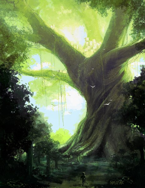 Anime picture 2550x3300 with amsbt single tall image highres short hair signed sky city boy plant (plants) animal tree (trees) bird (birds) building (buildings) forest liana