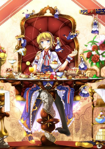 Anime picture 742x1050 with touhou alice margatroid shanghai swordsouls tall image blush short hair blue eyes blonde hair sitting full body girl dress flower (flowers) pantyhose food sweets rose (roses) cake doll (dolls)