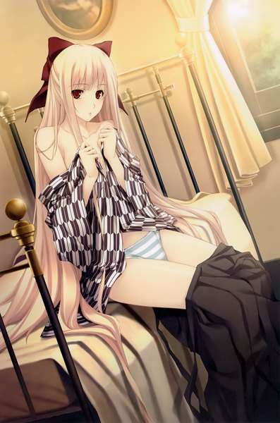 Anime picture 2647x4000 with caucasus nanatsuki shion sugina miki single tall image looking at viewer blush fringe highres light erotic blonde hair sitting very long hair traditional clothes japanese clothes pleated skirt scan official art undressing yagasuri