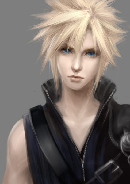 Anime picture 2480x3507 with final fantasy vii cloud strife ask (askzy) single tall image highres short hair blue eyes blonde hair simple background realistic grey background boy choker