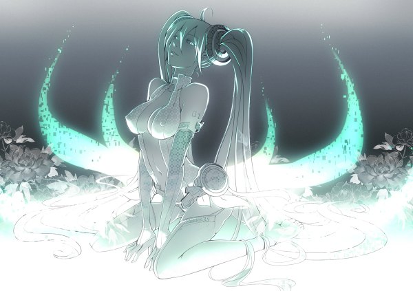 Anime picture 1200x846 with vocaloid vocaloid append hatsune miku hatsune miku (append) kaminary single breasts light erotic sitting bare shoulders ahoge very long hair barefoot aqua eyes aqua hair girl navel hair ornament flower (flowers) detached sleeves