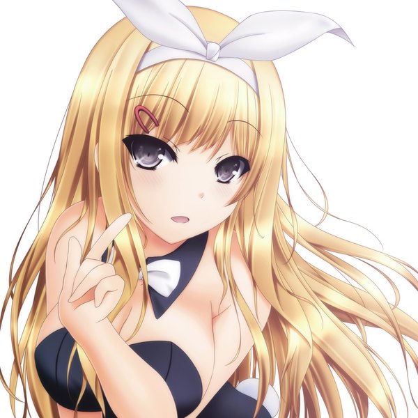 Anime picture 2000x2000 with toyokawa itsuki (p mayuhime) single long hair looking at viewer blush fringe highres breasts open mouth light erotic simple background blonde hair large breasts white background grey eyes girl hair ornament hairclip